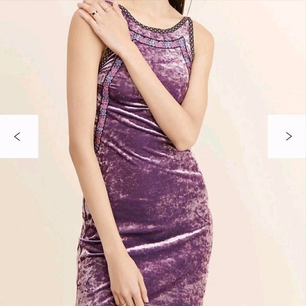 Anna Sui Shimmery Mulberry Purple Crushed Velvet Embroidered Faux Fur Maxi Dress